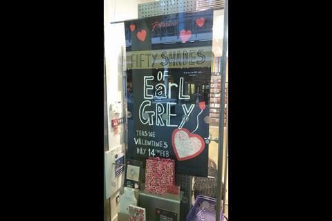 Paperchase in St Pancras has a large faux blackboard graphic in its window bearing the legend “Fifty Shades of Earl Grey”.
